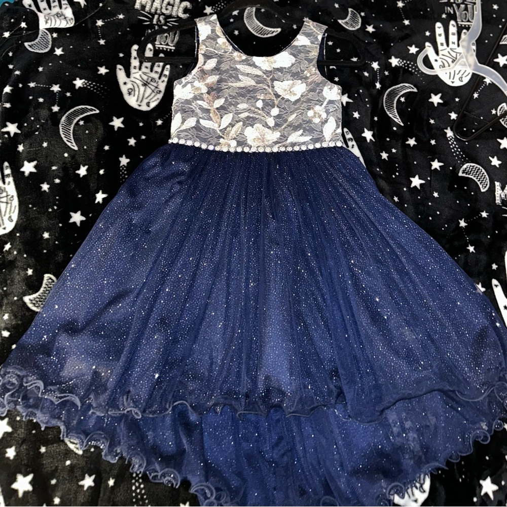Elegant Hi-Low Navy Blue and Silver Dress